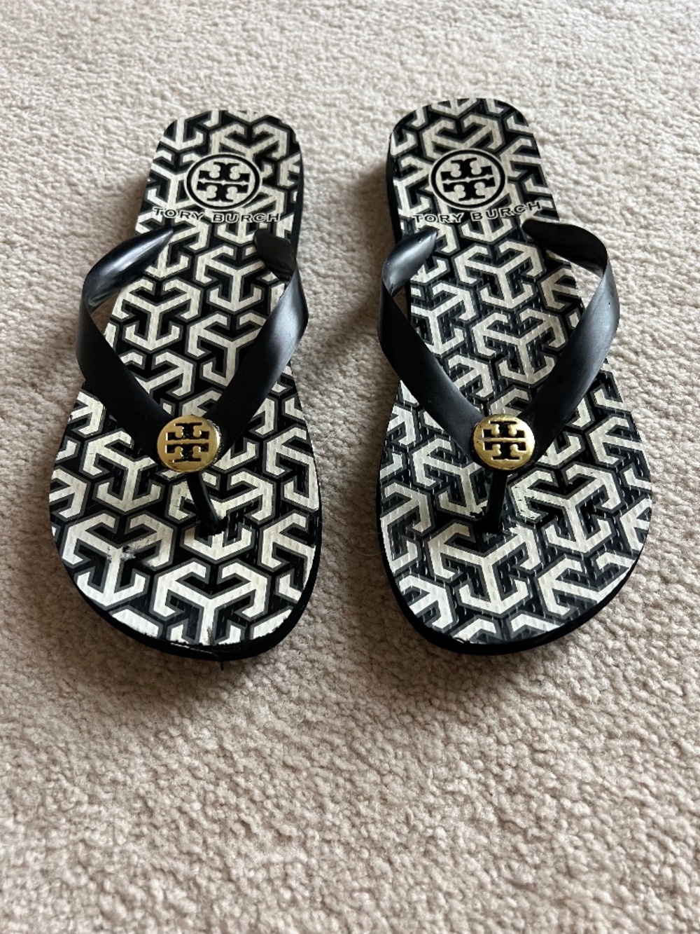Tory Burch Black & White Flips Flop Tory Burch Logo Size 8